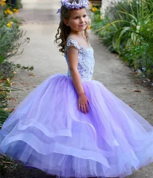 Çiçek Kız Elbise Aplike Kabarık Tül Düğün İçin Güzel İlk Communion Güzel Küçük Kız Pageant Elbise Abiye