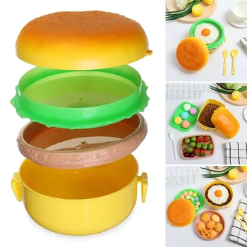 Bento Kutusu Hamburger Şekilli Öğle Yemeği Kutusu yemek kutusu Mikrodalga yemek kabı Çatal ve Kaşık ile Çocuklar için Piknik Kamp Ev
