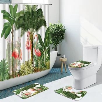 Tropikal Bitki Palmiye Yaprağı Flamingo Banyo Seti Duş Perdesi Sahil Çiçek Kaymaz Kilim Flanel Tuvalet Halı Kapak Kanca İle