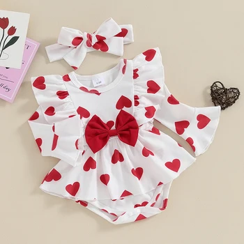 Sevgililer Bebek Kız Kıyafet Kalp Baskı Nervürlü Ruffles Uzun Kollu Yenidoğan Sevgililer günü Romper Elbise Kafa Bandı Elbise