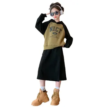 Çocuk Giyim Kore Pamuk Uzun Kollu Hoodies Üst ve Uzun Etek Set Bahar Güz Genç Kız Kıyafetler 8 10 12 13 14 Yıl