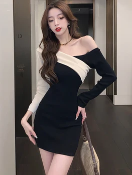 Kadın Moda Paçavra Kapalı Omuz Seksi Kulübü Mini Elbise 2023 Kore Vintage Hepburn Elbise Sonbahar Kış Örme Kazak Elbise