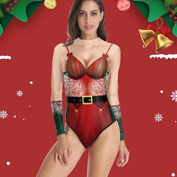 Nadanbao Seksi Merry Christmas Tek Parça Mayo Kadınlar Tatil Parti Komik Mayo Kadın Moda Uzun Kollu Bodysuit Mayo