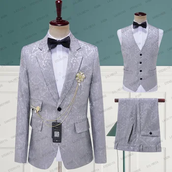 2023 Yeni Kostüm Homme Popüler Giyim Gri Jakarlı Erkek Takım Elbise Özel Blazers Pantolon İş Rahat Bir Düğme Düğün