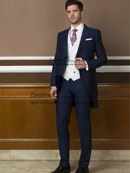 Lacivert Tailcoat Erkek Takım Elbise Düğün için Slim Fit Damat Smokin Uzun İş Erkek Blazer 3 Parça Setleri Groomsmen Kostüm Homme