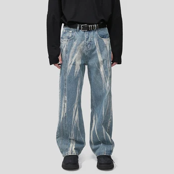 SYUHGFA 2024 erkek Şalvar Kot Trendi Yeni Kore Tarzı Batik Niş Tasarım Moda Erkek Geniş Bacak kot pantolon Gevşek Streetwear