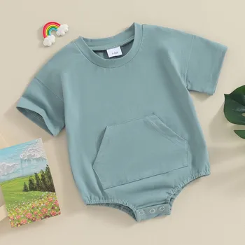 Yenidoğan Bebek Kız Erkek Bodysuit yaz giysileri Düz Renk Cep Kısa Kollu Ekip Boyun Tulumlar Çocuklar için Bebek Giyim