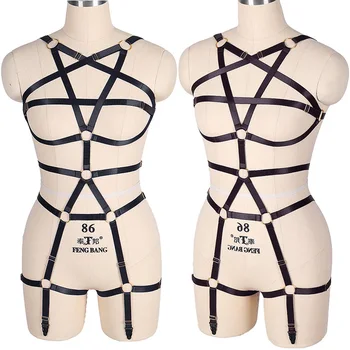 Pentagram Demeti Bodysuit Kadınlar Vücut Koşum Sutyen Esaret Bacak Jartiyer Kemer Seksi iç çamaşırı seti Punk Goth İçi Boş Vücut Kafesi