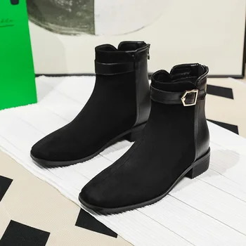Kaya Ayakkabı Kadın Kışlık Botlar Bayan Fermuar Lüks Tasarımcı Botları-Kadınlar 2023 Sonbahar Kauçuk Ayak Bileği Moda Düşük PU Kare Ayak Mikrofi