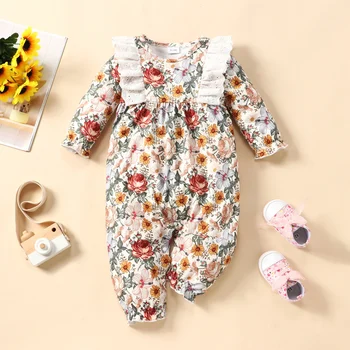 İlkbahar ve Sonbahar Bebek çocuk Giyim Uzun Kollu Yuvarlak Boyun Dantel Fırfır Çiçek Baskı Güzel Rahat Rahat Romper