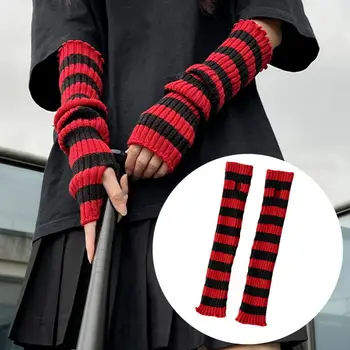 Unisex Kol İsıtıcı Elastik Yumuşak Eldiven Sıkı Örme Kol Kollu Kırmızı-siyah Çizgili Yarım Parmak Eldiven Kadınlar için Unisex Cosplay