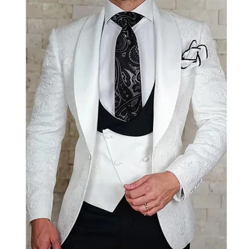 Erkek Takım Elbise Terno Hombre Damat Zarif Beyaz Jakarlı Kumaş Şal Yaka Üç Parçalı Tek Göğüslü Ceket Pantolon Yelek Slim Fİt