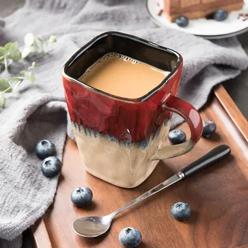 Yaratıcı Akış Sır Kare Kahve kaşıklı kupa ve Kapaklı Retro çay bardağı Basit Ev Mat Renk Seramik Süt Su Bardağı Hediye