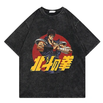 Yumruk Kuzey Yıldızı T-shirt Japon Manga Vintage Yıkanmış Erkek T shirt Yaz Harajuku Streetwear Kısa Kollu Üstleri Unisex