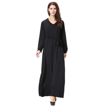 M-XL Müslüman Bayan V Boyun Uzun Kollu Siyah Abaya Arap Kadınlar Katı Renk Gevşek Ramazan Ayak Bileği Uzunluğu Elbise Maxi Elbise