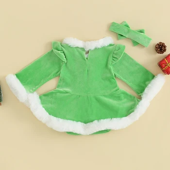 Bebek Kız Noel Romper Prenses Tutu Elbise Yeşil Canavar Kostüm Uzun Kollu Santa Bodysuit Kafa Bandı ile