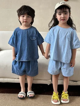 Çocuk Seti Erkek Kot Elbise Kız Yeni Çocuk Yaz 2023 Kore Versiyonu Bebek Rahat Kollu Şort çocuk giyim Bebebe