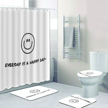 Basit Çizgi Sanatı Her Gün Mutlu Bir Gün Duş perde seti Banyo İlham Alıntı Banyo Paspasları Kilim Tuvalet Ev Dekor