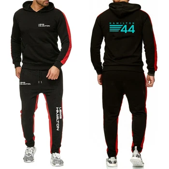 F1 Sürücü Lewis Hamilton Dijital 44 Yeni Giyim Erkek Sonbahar Kış Setleri fermuarlı kapüşonlu kıyafet + Pantolon Eşofman Spor Kazak Ter