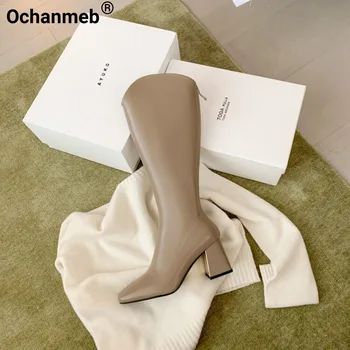 Ochanmeb Kadın Binicilik binici çizmeleri Çıplak Sonbahar Tıknaz Yüksek Topuklu Diz Yüksek Fermuar Çizme Kadın Kış Bej Kare burunlu ayakkabı 42