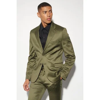 Şık Ordu Yeşil Saten Erkek Takım Elbise Yüksek Sokak Moda Çentik Yaka İki Düğme 2 Parça Rahat Mezuniyet Giyim Düğün Damat Smokin