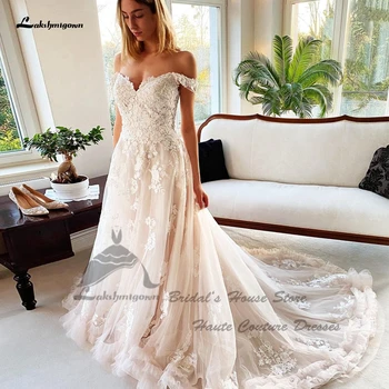 Lakshmigown Kapalı Omuz Prenses Kadın Gelinlikler 2023 Lüks Dantel Şampanya Gelin Boho düğün elbisesi Custom Made
