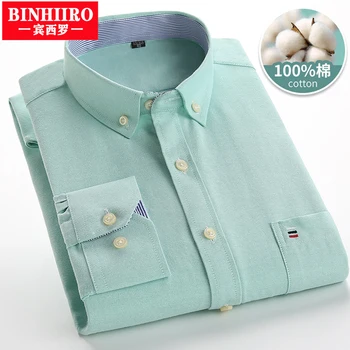 BINHIIRO Marka erkek Oxford Gömlek Uzun Kollu Gömlek %100 % pamuk Katı Casual İş Elbise Gömlek Göğüs Ekose Çizgili Gömlek