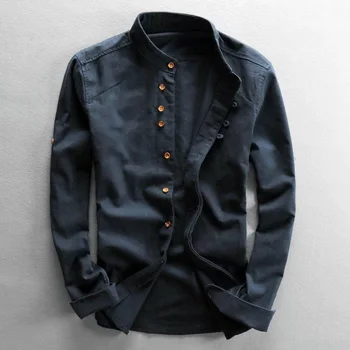 Erkekler Pamuk Keten Gömlek Resmi Retro Çin Tarzı Uzun Kollu Mandarin Yaka Casual Gömlek Yumuşak Konfor Giyim 7XL