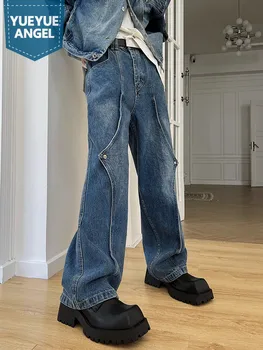 Tasarımcı Erkek Yüksek Bel Kot Pantolon Vintage Patchwork Düz Pantolon Gevşek Fit Casual Yüksek Sokak Moda Erkekler Geniş Bacak Kot