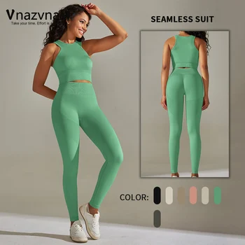 Vnazvnası 2 ADET Dikişsiz Yoga Giysileri Kadın Kolsuz Üst Yüksek Bel Yoga Pantolon spor Kıyafetleri Hızlı Kuru Spor Salonu Giyim