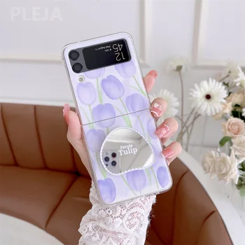 Kore Sevimli Mor Çiçek Telefon Kılıfı İçin Samsung Galaxy Z Flip 5 4 3 Flip3 Flip4 Flip5 5G zflip5 Ayna Standı Tutucu Kapak