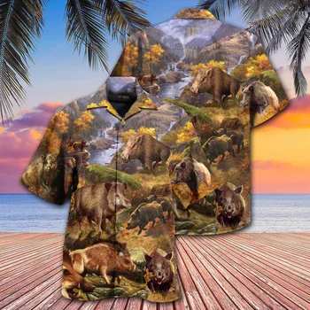 Hawaii Gömlek Erkekler için Yaban Domuzu Baskı Gömlek Plaj Kısa Kollu Yaz Casual Düğme Hawaii Gömlek