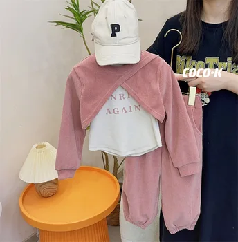Bebek Kız 2 Parça Setleri 2023 Yeni Sonbahar sevimli Kore Ceket Pantolon O-boyun Düz Renk Tüm Maç Moda pamuklu uzun kollu tişört Rahat