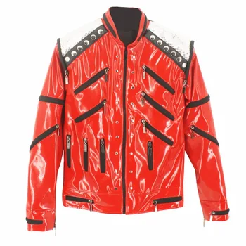 MJ Michael Jackson Kırmızı Punk Yendi Motosiklet Fermuar Sequins Deri Ceket Rahat Dansçı Gösterileri Koleksiyonu Hediye
