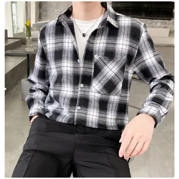 Yüksek Kaliteli Erkek iş gömleği Bahar Pamuk 60% + 40 % Polyester Uzun Kollu Üst Ekose Cep Ince Yakışıklı Erkek Gömlek B0114