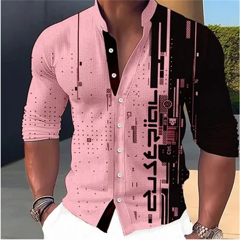 2024 erkek gömleği Desen Baskı Geometrik Standı Yaka Pembe Açık Sokak Uzun Kollu Giyim Moda Streetwear Tasarımcı