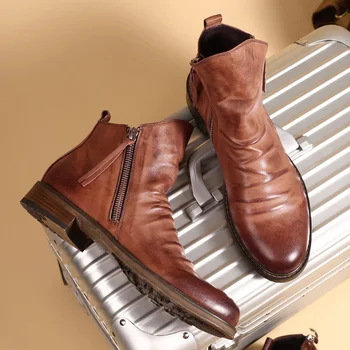 Sonbahar erkek ayakkabıları moda deri çizmeler Çift taraflı fermuar Kaymaz taban rahat büyük boy 38-48