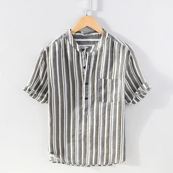 Suehaiwe marka İtalya tarzı rahat moda rahat gömlek erkekler için saf keten çizgili gömlek erkekler tops erkek giyim chemise