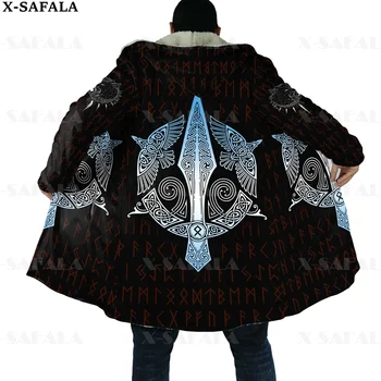 Odin Viking Dövme Ay Kuzgun Kurt Ejderha Baskı Kalın Sıcak kapüşonlu pelerin Erkek Palto Ceket Rüzgar Geçirmez Polar Pelerin Bornoz Battaniye-5