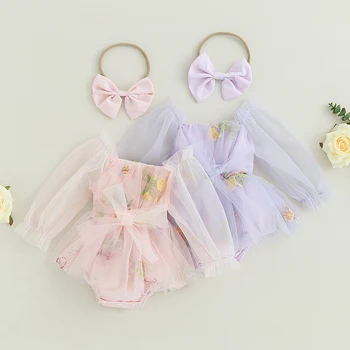 Bebek Kız Uzun Kollu Bodysuits 2 Parça Kıyafetler Çiçek Örgü Tül Romper Elbise ve Sevimli Kafa Bandı Yürümeye Başlayan Sonbahar Tulum