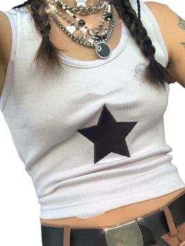 Y2k Vintage Yıldız Desen Örme Tankı Üstleri Kawaii Fairycore Kolsuz Yelek Kadın Yaz İnce Gömlek Gömme Yelek