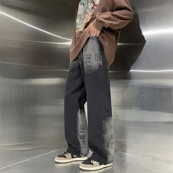 Amerikan Tarzı Kot Erkekler Gevşek Fit Yüksek Sokak Moda Örtü Moda Baskı Yıkama Renk Değiştiren Düz Bacak Pantolon