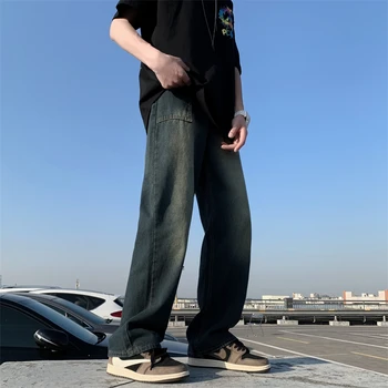 Bahar Yeni Vintage Kore Gevşek Rahat Yıkama Yeni Retro Kot Erkekler Siyah Tüm Maç Düz Hip Hop Geniş bacak Pantolon Pantolon C15