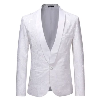 Erkekler Tek Düğme Smokin Blazer 2024 Moda Beyaz Gül Jakarlı Blazer Erkekler Parti Düğün Takım Elbise Ceket Sahne Şarkıcı Kostüm Homme