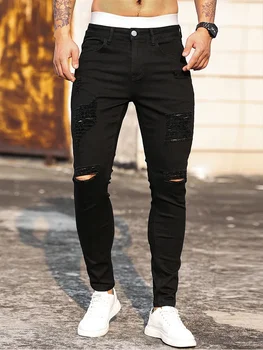 Erkek Kot Streetwear Yırtık Sıska Hip Hop Erkek Moda Estroyed Boy Pantolon Düz Renk Erkek Streç Rahat Kot Pantolon