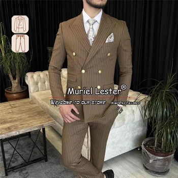 Kahverengi Çizgili Takım Elbise Erkek Resmi İş Kruvaze Ceket Tailor-Made 2 Parça Damat Giyim Düğün Smokin Ziyafet Parti Seti