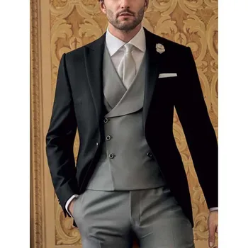 Tam erkek Takım Elbise Slim Fit Şık Tepe Yaka Erkek Takım Elbise Resmi İş Rahat Damat Düğün Smokin 3 Parça (Blazer + Yelek + Pantolon)