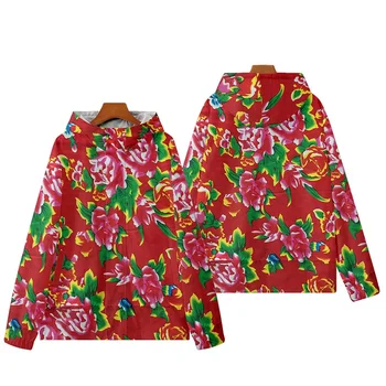 Kuzeydoğu Büyük Çiçek 3D Baskılı Komik Büyük Kırmızı Rüzgarlık Sonbahar ve Kış Unisex Kişiselleştirilmiş Ceket Moda Yeni Büyük Giysi