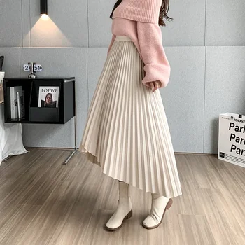 Vintage Düzensiz Asimetrik Pleats Kıvrımlar Katı Kadın Etek Kore Moda Elastik Yüksek Bel Orta Buzağı Uzun Etekler Kadın M149