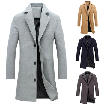 Sonbahar Kış Moda erkek Yün Palto Düz Renk Tek Göğüslü Yaka Uzun Ceket Ceket Rahat Palto Artı Boyutu 5 Renkler